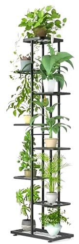 Esenlong Soporte para flores de 8 niveles, negro, metal y madera, estantería para plantas que ahorra espacio para salón, balcón y esquina, taburete para flores y estantería decorativa para interiores