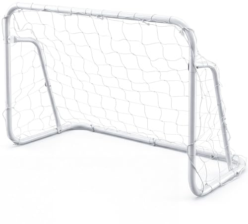 GYMAX Kids Football Goal, Mini Metal Soccer Goal with PE Net and Ground Stakes, Portable Soccer Training Equipment for Shooting Practice