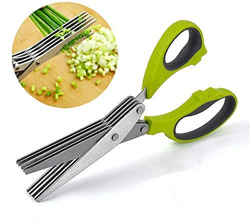 HIMKI Kräuterschere Edelstahl Küchenschere 5 Klingen Gewürzschere Multifunktionale Gemüseschere mit Reinigungskamm für Kräuter, Schnittlauch, Basilikum, Petersilie und mehr (Grün)