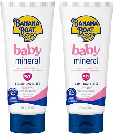 Banana Boat 100% Mineral Baby Sunscreen Lotion SPF 50 Twin Pack | SPF 50 Sunscreen for Babies, Baby Sunblock Lotion, Oxybenzone Free, 6oz each