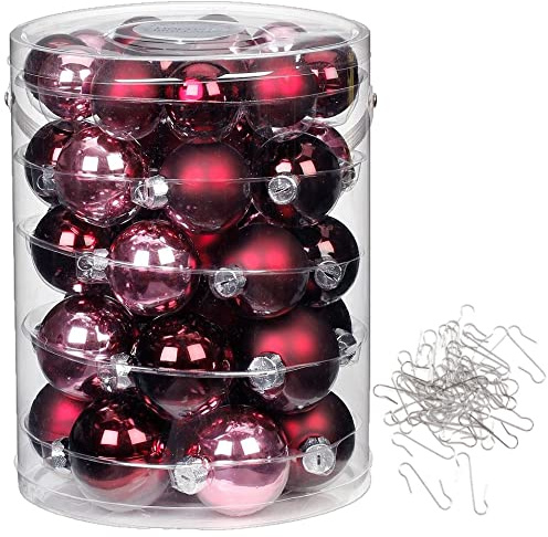 Inge-Glas Weihnachtskugeln aus Glas | Kugeldose 44tlg 4, 5, 6 cm mit 50 Aufhänger-Haken | Christbaumkugeln (Berry Kiss | Bordeaux rosa)