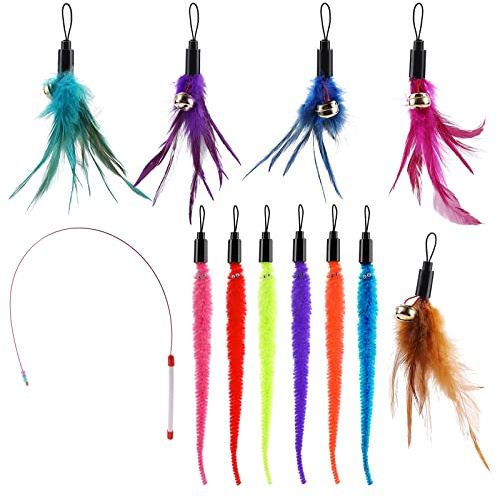 Molain 12Pcs Set Cat Feather Toys - 6 Worm Refills & 5 Natural Feather Teaser Refills, Interactive Teaser Wand for Indoor Cats & Kittens
