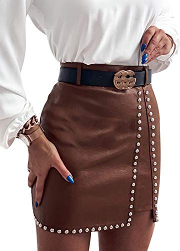 Dazzerake Gonna Corta a Tubino da Donna Minigonna Sexy in Pelle PU con Doppia Cerniera a Vita Alta Gonne Aderenti Sexy Bowknot (Marrone B, S)