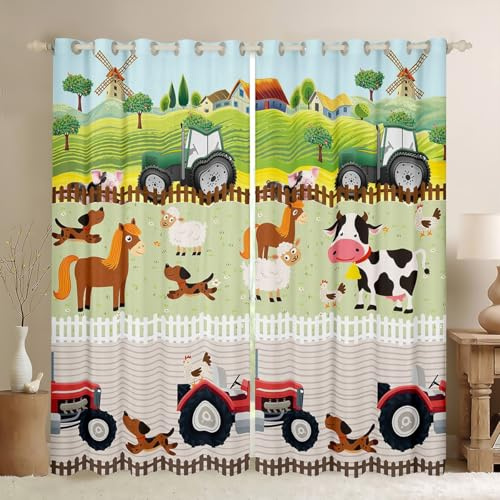 Feelyou Kids Cartoon Farm Animals Window Curtains for Bedroom Living Room Toddler Cute Tractors Curtain Child Farmhouse Country Window Drapes Colorful Nature Window Treatments， 42x63 Inches，2 Panels