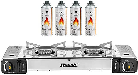 Mianova Campingkocher Doppel Gaskocher 2 flammiger Anzünder Grill Notfallkocher Kühltasche Gaskartuschen Gas Kocher Set Silber 4 Gasflaschen