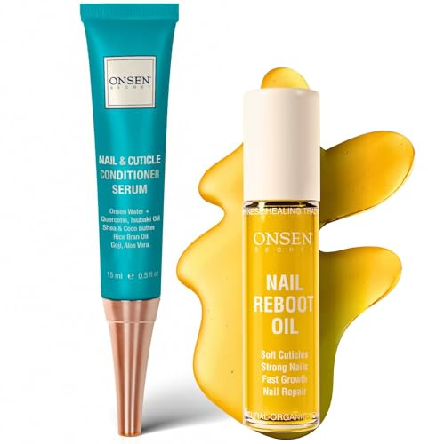 Onsen Secret Nail Reboot Duo - Treatment for Damaged Nails - Natural Nail Care & Cuticle Repair - Visible Results For Perfect Nails, Cuticle Conditioner Cream 15ml & Nail Reboot Oil 10ml