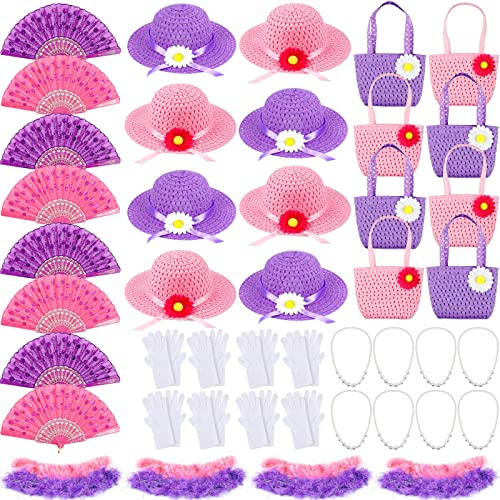 Geyoga 48 Pcs Girls Tea Party Dress up Playset Includes Toddler Tea Party Gloves and Hat Feather Boa for Kids Dress up Purses Handheld Fans for Girls Kids Birthdays Easter Supplies Accessories