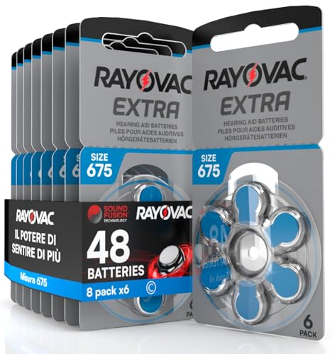48 pilas para audífonos Rayovac Extra Advanced 675. 8 blísteres de 6 pilas