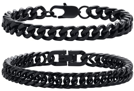 Gamtic Bracelet Homme Gourmette Acier Inoxydable - 2 Pièces Robuste Chaîne Bracelet Argent/Or/Noir, 19cm/21cm/23cm de Long, Bracelet Cubaine Maillons Bijoux Cadeau pour Homme Garçon (Noir, 23.00)