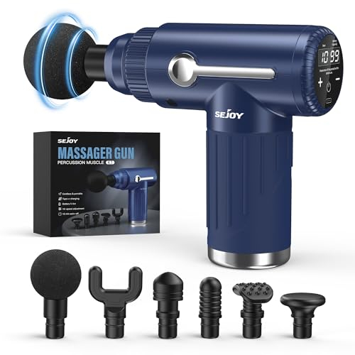 Sejoy Mini Massagepistole, Tiefengewebe Massage Gun, Tragbares Perkussion Muskel Massagegerät 30 Geschwindigkeiten 6 Massageköpfen, LCD-Touchscreen Massage Pistole für Muskelkater und Steifheit
