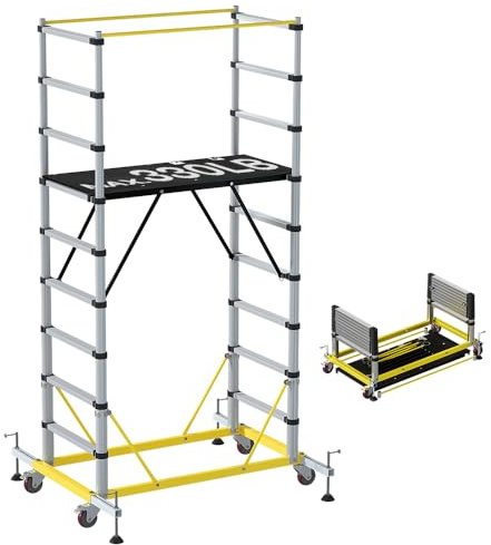 APARECIUM 10' Aluminum Scaffold Tower, Multipurpose Rolling Scaffolding Work Platform, Utility Scaffolding Tower, Adjustable Work Platform with Hatch Deck and Guard Rail, 500 Lbs Duty Rate