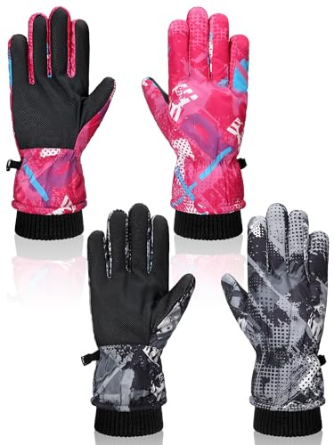 Geyoga 2 Pairs Kids Ski Gloves Waterproof Winter Mittens Warm Gloves Snow Mittens for Children(Black and Rose Red,10-15 Years)