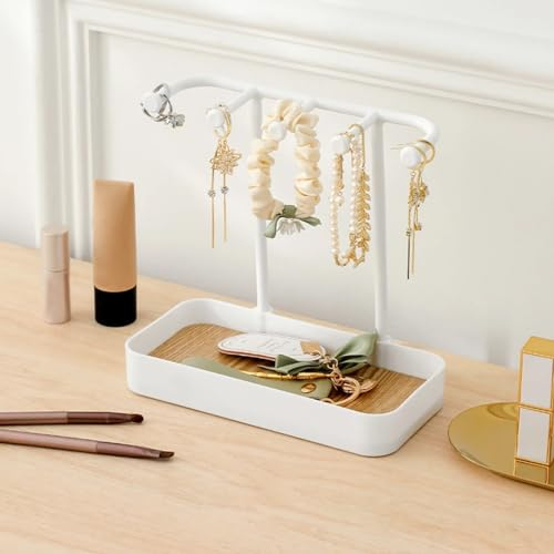 Diompirux bianco semplice Espositore Portagioie, 5 Partizioni Espositore per Gioielli da Appendere, Porta Collane e Orecchini, Rastrelliera in PP e Legno, Idea regalo per Anelli Orecchini Collane