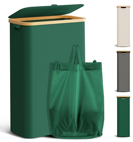 YOUDENOVA Laundry Basket with Lid 48-Litre Large Washing Baskets for Laundry with Laundry Bag Collapsible Laundry Baskets with Handles Laundry Hamper Bamboo Laundry Bin for Bedroom, Bathroom, Green