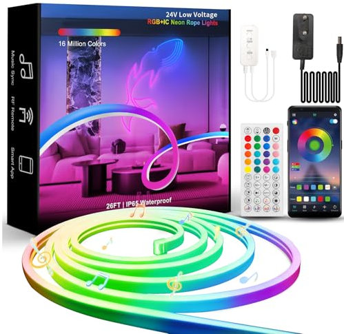 BUNACET Neon LED Streifen 8m, RGB+IC Neon LED-Röhre, 768 LEDs mit Fernbedienung & Netzteil, IP65 wasserdicht, Musik-Sync, 24V flexible Silikon-Beleuchtung für Innen/Außendekoration DIY