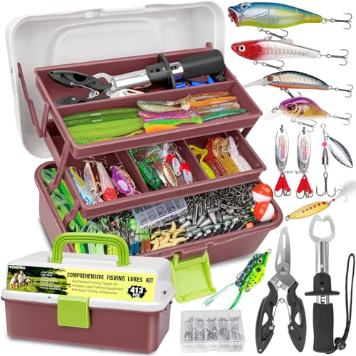THKFISH Caja de aparejos de 3 capas con aparejos incluidos, 413 piezas de señuelos de pesca, accesorios y herramientas. El kit contiene cebo, ganchos, pesos, plomos, alicates de pesca de lubina