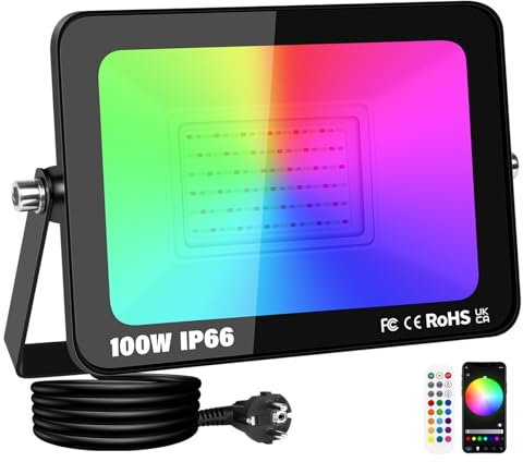 RIGIDON Foco LED Exterior RGBW, 100W 10000LM foco inteligente LED con APP control, RGB Proyector LED Cambio de Color Impermeable IP66 Luz de Inundación con Enchufe para Fiesta, Terraza, Jardin