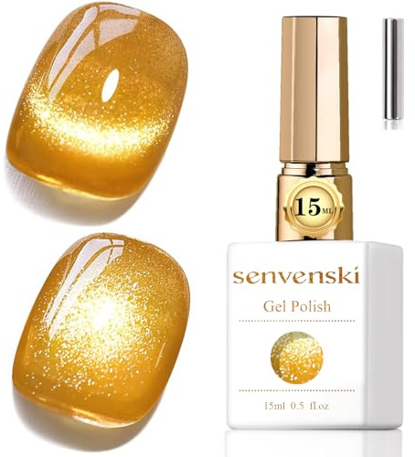 Senvenski Jelly Glass Cat Eye Gel Nail Polish with Magnet 15ML Magnetic 3D Galaxy Holographic Glitter Translucent Sheer Color Gel Polish Salon Home DIY (Golden Yellow, MY1-020)