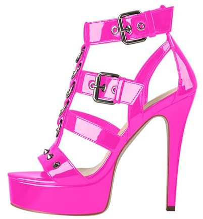 blingqueen Sandales à plateforme pour femme - Barrette en T - Talons hauts - Avec rivets laqués, fuchsia, 38 EU
