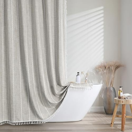 meioro randigt duschdraperi boho bondgård duschdraperier, linne vävt tyg textil duschdraperi set med 12 krokar, vattentät rustik böhmisk duschdraperi för badrum (grå, 183 x 183 cm)