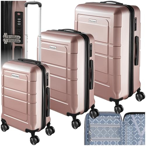 tectake® Kofferset 3 teilig, Koffer & Trolleys, Koffer Set für Flugzeug, Business, Reise, mit TSA Schloss, Hartschalenkoffer mit Rollen, Reisekoffer groß, Rollkoffer - roségold