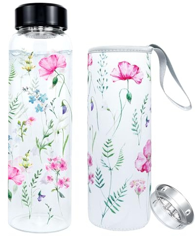 PAPU Borraccia Vetro 1 Litro con Apertura Bocca Larga 5,5 cm Borraccia Vetro Apertura Bocca Larga,Coperchio Protettivo Filtro Acciaio Inox,Senza Bpa,Prova Perdite,Adatta Sport Ufficio (Rosa-Viola)
