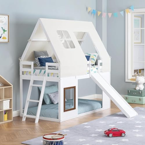Spirich Wood Twin Over Twin Bunk Bed with Slide and Ladder, Kids House Bunk Bed Frame with Tent Roof Cover,Windows, White