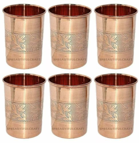 HRS India Lot de 6 verres à eau en cuivre pur avec motif floral en relief 300 ml