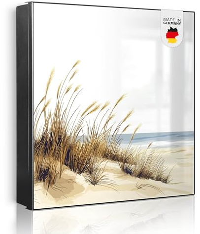 banjado Großer Schlüsselkasten Metall - Schlüsselbox 30x30cm mit 32 Haken - Schlüsselkasten modern für Schlüsselaufbewahrung mit beschreibbarer, magnetischer Tür - Motiv Dünenlandschaft am Meer