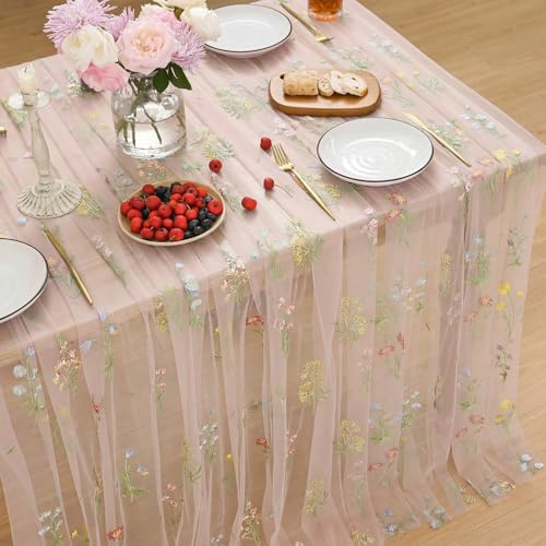 Horaldaily Embroidery Flower Pink Tablecloth 60×84 Inch Rectangular