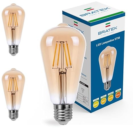 Bratek 2 Vintage-Lampen E27 Warmweiß 2700K Bernsteinfarben, 8W 800 Lumen – E27 LED-Filamentlampen in tropfenförmiger ST58-Form, transparent, entspricht 90W Glühlampe oder 80W Halogenlampe