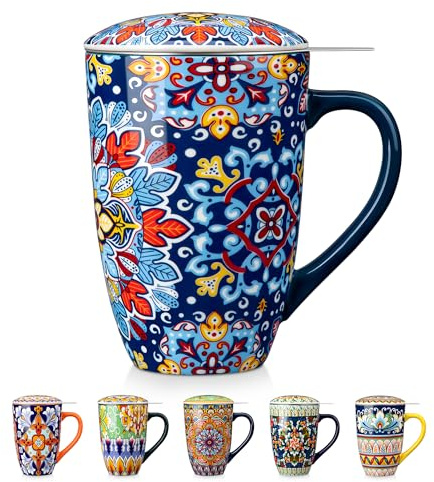 vancasso Ceramic Tea Mug with Infuser and Lid, 18 Ounce Bohemian Loose Leaf Cup, Microwave & Dishwasher Safe, Perfect for Tea, Coffee, Royal-Crimson Flourish