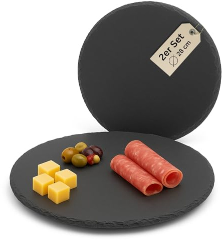 Schieferplatten rund 28 cm Set aus 2 Servierplatten aus Schiefer für Käseplatte Tapasplatte Deko & HLKauf-Block