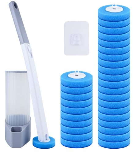 Scopino Bagno WC, Spazzola per WC Monouso Set - 30 Ricariche con Profumo di Oceano, Manico Allungato e Supporto Adesivo Senza Trapano, Spazzola WC Accessori Bagno per Pulizia Profonda