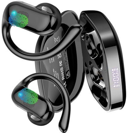DUSONLAP Oreja Abierta Bluetooth 5.4 Auriculares, 42H Auriculare Inalámbricos Deportivos con Ganchos Giratorios y ENC Mic, IPX7 Cascos Inalambricos con Pantalla LED para Correr/Fitness/Ciclismo, Negro