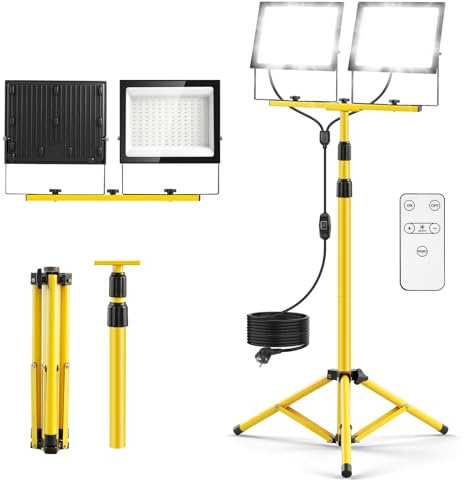 papasbox 300W LED Baustrahler mit Stativ Fernbedienung Schalter und Stecker | Baustellenlampe 6500K Kaltweiß Baustellenstrahler IP66 Wasserdicht Baulampe Dimmbar für Werkstatt Baustelle
