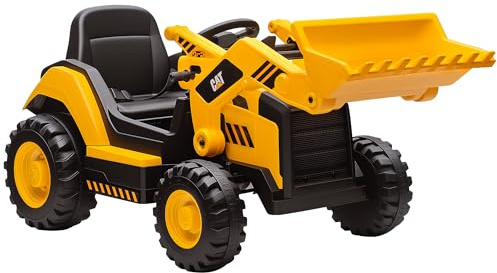 AIYAPLAY Ruspa Elettrica per Bambini 3-6 Anni con Licenza CAT e Benna, Macchina Elettrica Escavatore Trattore Giocattolo Cavalcabile 12V 7AH con 2 Motori, Telecomando, Musica, Bluetooth e USB, Giallo