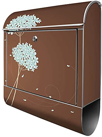 banjado® Design Briefkasten mit WT Blaue Hortensie 38,5x46,5x13cm & 2 Schlüssel - Briefkasten Stahl Silber mit Zeitungsfach pulverbeschichtet - Postkasten A4 Einwurf inkl. Montagematerial