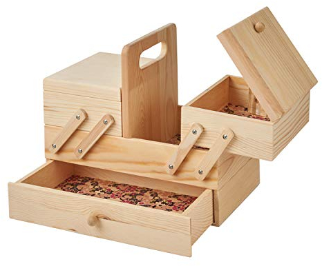 Wooden Cantilever Sewing Storage Box 29 x 17 x 24cm Natural Light Pine with Ditsy Floral Design Interior by Sewing Online