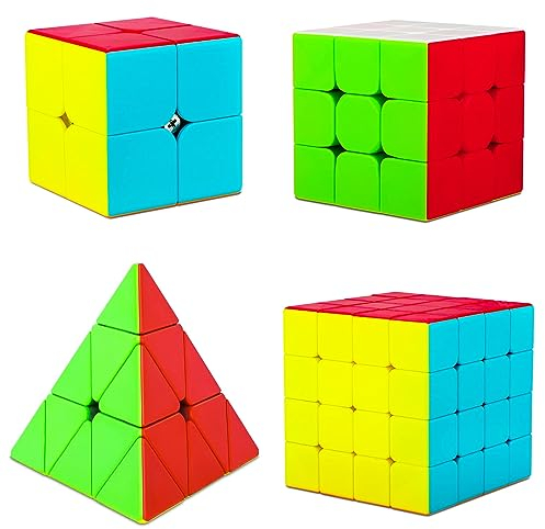 Coolzon Speed Zauberwürfel Set, 4 Packung Aufkleberlos Magic Cube Set 2x2 3x3 4x4 Pyraminx Dreieck, einfach drehend 3D Puzzle Cube Spiele Spielzeug Geschenk für Kinder Erwachsene