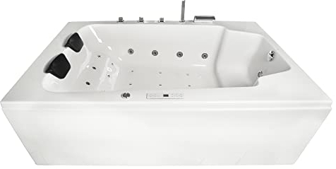 Basera® Classic Indoor Whirlpool Badewanne XXL Milos für 2 Personen mit 28 Massagedüsen, Wasserfall, LED-Ambiente, Touchpanel, Bluetooth und Radio