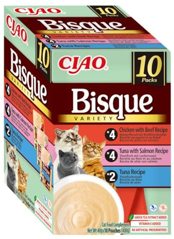 INABA Ciao Bisque Gatos - Receta Saludable de Crema de Pollo y Atún, con Ternera y Salmón - Comida Húmeda - Alimento Complementario Natural, sin Cereales - 400g (10 Sobres x 40g)
