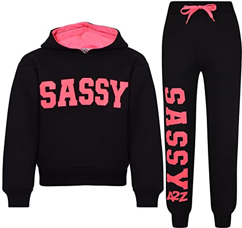 A2Z 4 Kids Girls Tracksuit Tie Dye Sassy Fleece Hooded Crop Top - T.S Crop Sassy BK N Pink 9-10