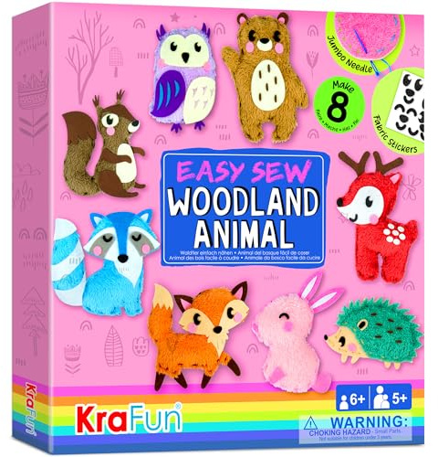 KraFun Kit de Couture Animaux des Bois pour Enfants dès 5 Ans, 8 Projets Débutants (Ours, Lapin, Renard, Hibou, Cerf), Feutre, Instructions, Jouet Éducatif