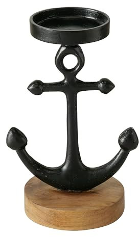 Seaside No.64 - maritimer Kerzenhalter aus Aluminium - Kerzenständer mit Anker auf Mangoholz-Sockel - Teelichthalter in mattem Schwarz, handgearbeitet für Stumpenkerzen oder Teelichter