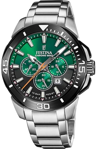 Festina Herren Uhr Analog aus Edelstahl 316L Silber - Quarzwerk - Chronograph - Kalender - Mineralglas mit hoher Widerstandsfähigkeit - Wasserdicht bis 10 ATM F20641/B Chrono Bike