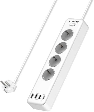 POWSAF est Une réglette de 4 Prises avec 4 Ports USB, avec Une Puissance maximale de 4000W et 16A. Elle Comprend Une Prise USB-C,Blanche.