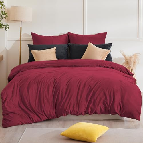 Beqnat Biancheria da letto invernale in flanella, 200 x 220 cm, set di biancheria da letto invernale in pile cashmere touch, 1 copripiumino + 2 federe 80 x 80 cm, con chiusura lampo, colore: rosso