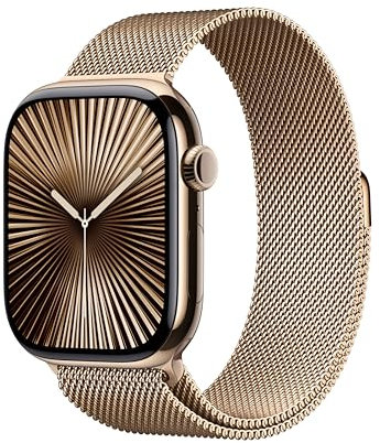Apple Watch Series 10 GPS + Cellular 46 mm Smartwatch with Gold Titanium Case with Gold Milanese Loop - S/M. Fitness Tracker, ECG App, Always-On Retina Display, Carbon Neutral