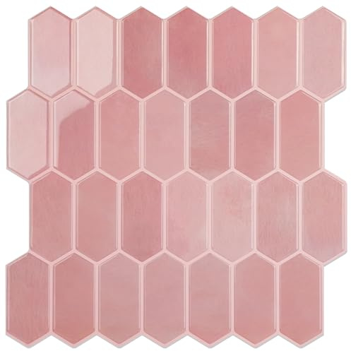 WalDecoo Piastrelle esagonali lunghe per cucina, piastrelle da parete più spesse, 10 fogli autoadesivi 3D, adesivi da parete rosa, 30,5 x 30,5 cm, per cucina e bagno